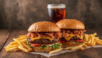 Two juicy burgers with French fries and cola on a wooden surface, indulgent meal choice, National Fast Food Day