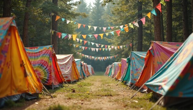 Vibrant patterned hippie tents line winding forest path. Many colorful bunting flags hang high between tall green trees. Creates lively outdoor festival atmosphere. Camping event suggests retro music