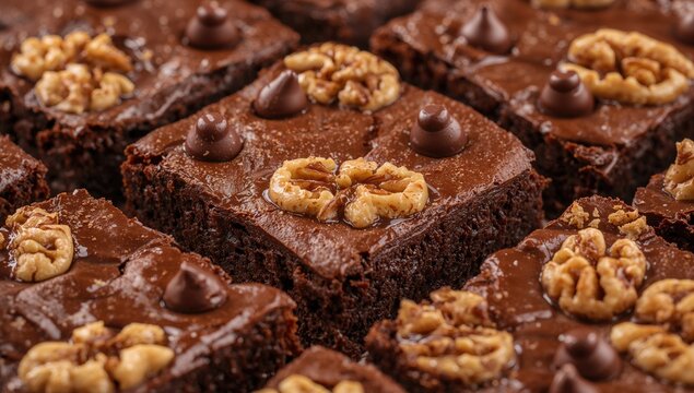 Chocolate brownies topped with chocolate chips and walnut pieces, indulgent dessert option