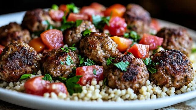 Delicious Grilled Meatballs (Kofta) Served Over Couscous with Fresh Chopped Tomato and Parsley