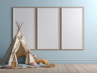 Children's room interior featuring a teepee, frames, wooden floor, and soft colors