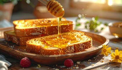 Golden Honey Drizzling Onto Stacked Toasted Bread Slices Garnished With Raspberries And Yellow Flowers In Warm Sunlight
