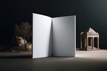 Open book with blank pages in a desert landscape with a tree and ancient ruins