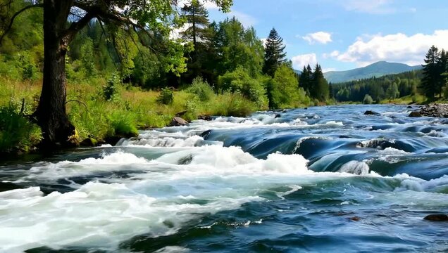 A beautiful river with white water rapids flowing through a lush green forest under a blue sky.