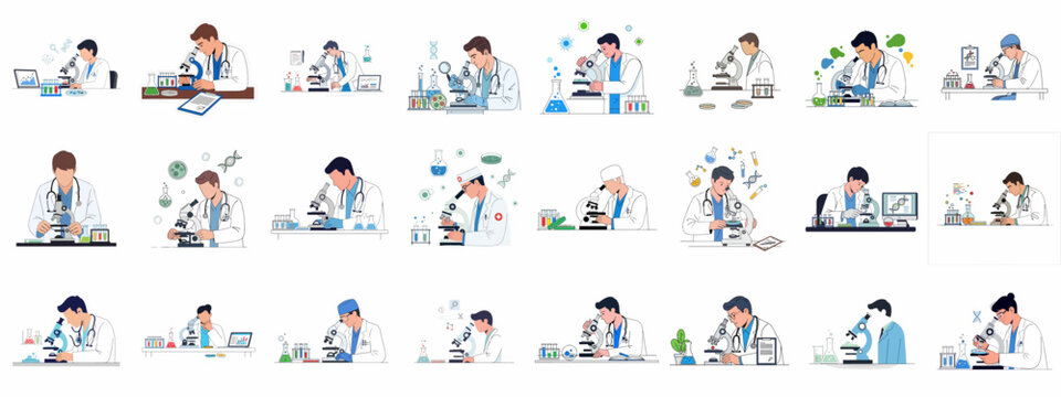 Set of vector illustrations depicting scientists and doctors performing chemical analysis and medical research using laboratory equipment and microscopes.