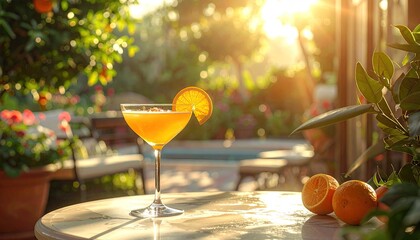 Golden Hour Citrus Cocktail Refreshment in a Lush Garden Oasis with Oranges and Sunlight Lens Flare