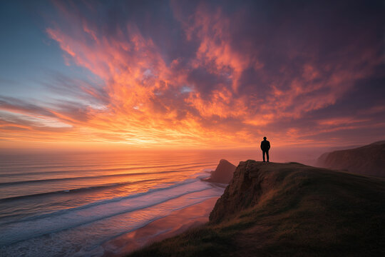 燃えるような夕焼け空の下、崖の上で海を見つめる人のシルエット（孤独、冒険、未来のコンセプト） / Silhouette of a person gazing at the sea on a cliff edge under a fiery sunset sky (Concept of solitude, adventure, and the future)