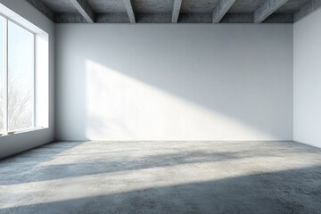 An empty room with concrete beams, a large window, and sunlight streaming onto the floor