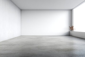 Empty modern interior space with white walls and a concrete floor, and a large window