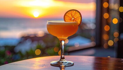 Golden Hour Cocktail Creation with Orange Slice Garnish Overlooking the Ocean at Sunset with Soft Bokeh Lights