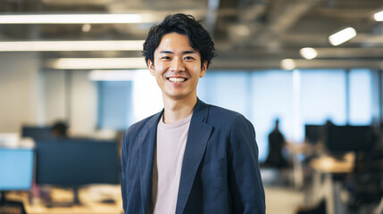開放的なオフィスで笑顔を見せる若手ビジネスマン(自信、成功、前向きな姿勢) / Young businessman smiling in an open-plan office (Confidence, success, and positive attitude)