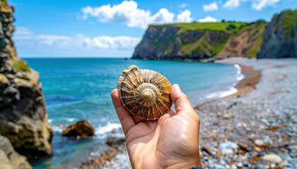 Hand holding a textured seashell near a pebbled beach with calm blue ocean water and green rolling hills under a bright sunny sky