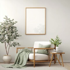Serene interior with an armchair, framed art, potted plant, and side table