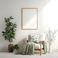 Bright, airy living space featuring a white chair, plant, blank frame, and light-colored elements