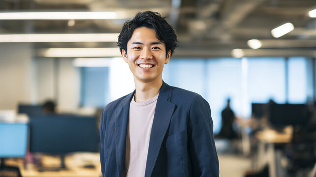 開放的なオフィスで笑顔を見せる若手ビジネスマン（自信、成功、前向きな姿勢） / Young businessman smiling in an open-plan office (Confidence, success, and positive attitude)