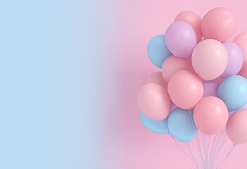 A pastel-colored background is filled with balloons in pink, blue, and lavender shades