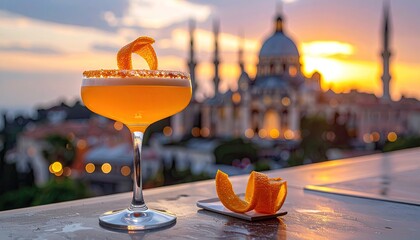 Golden Hour Cocktail Sunset View Over Cityscape with Building Dome and Orange Garnish