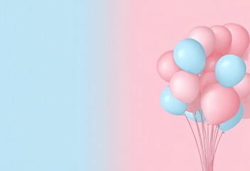 Bunch of floating balloons in pastel shades of blue and pink against a gradient background