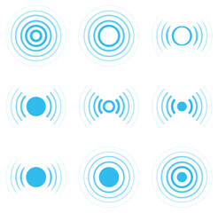 Vector set of blue radar, sonar, radio waves and signal icons. Radar signal wave icons vector set in various circular and radiating style. Internet connection and radiation icons.