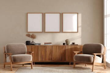 A cozy living room with two armchairs, a wooden cabinet, and three framed artworks