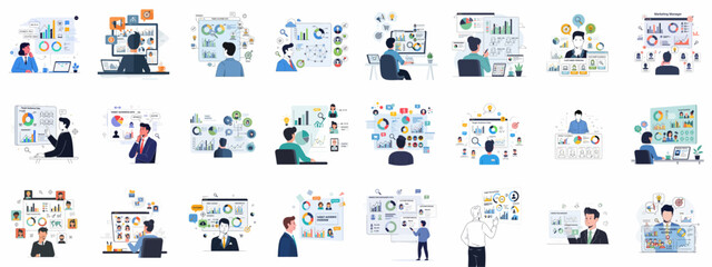 Business vector set illustrating professionals analyzing marketing data, customer personas, target audiences, and market share charts.
