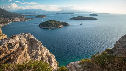 Scenic view of rocky gray mountains and ocean with distant islets and green trees, highlighting seasonal change