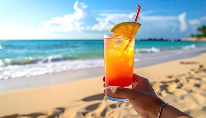 Hand Holds Tropical Orange Cocktail With Ice And Orange Slice Garnished With Red Straw At Sandy Beach With Turquoise Ocean Waves And Blue Sky In Sunlight