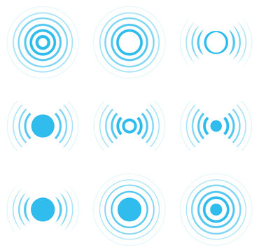 Vector set of blue radar, sonar, radio waves and signal icons. Radar signal wave icons vector set in various circular and radiating style. Internet connection and radiation icons.