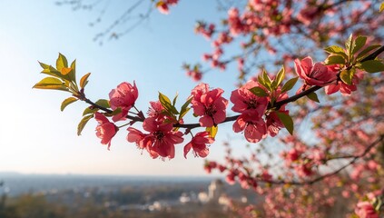 Red poplar blossoms on a tree branch during springtime, seasonal change