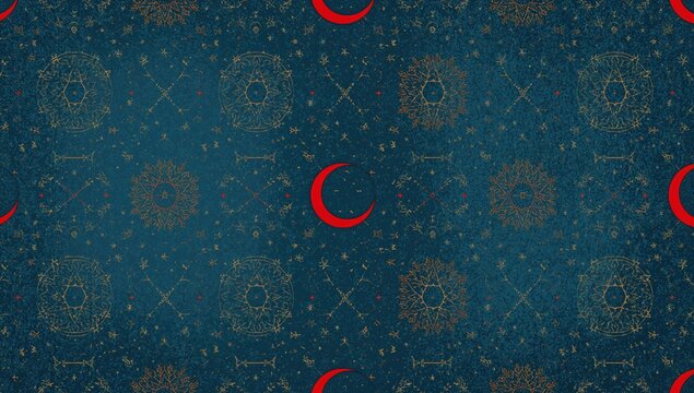 On a blue antique background, a continuous herb design showcases a red crescent with stars, stones, and keys, mystical decoration for astrology and textiles.