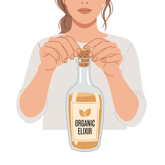 White woman opening bottle of organic elixir with copy space