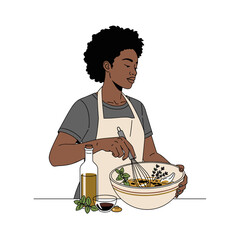 Black woman calmly whisking artisanal vinegar in kitchen with copy space