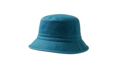 Teal blue bucket hat with textured band and stitched brim isolated on a transparent background