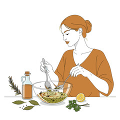 White woman preparing herbal dressing with vinegar and herbs with copy space