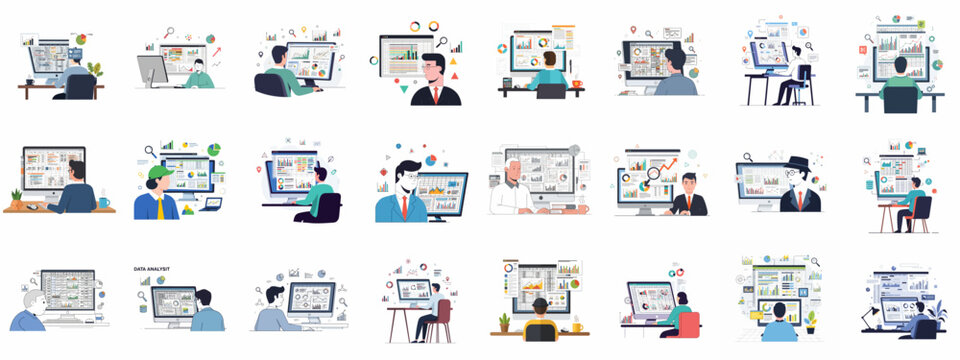 Large collection of flat vector illustrations showing business people analyzing data, reports, charts, and financial statistics on desktop computers.
