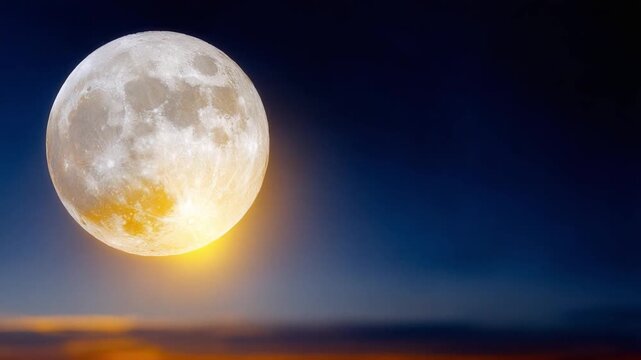 Celestial Wonder: A luminous full moon majestically graces the night sky, casting a serene glow over the tranquil horizon, invoking a sense of mystery and peace.
