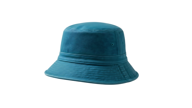 Teal blue bucket hat with textured band and stitched brim isolated on a transparent background