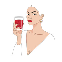 White woman holding glass of red probiotic drink with copy space