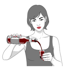 White woman pouring red probiotic shot from glass bottle with copy space