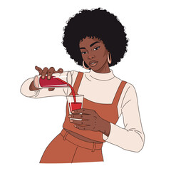 Black woman pouring red probiotic cocktail into glass with copy space