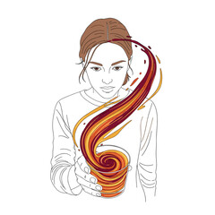 White woman holding swirling probiotic drink with abstract motion and copy space