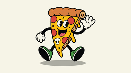 Retro Cartoon Pizza Slice Character Waving Hello on Cream Background food © Creativedesign29