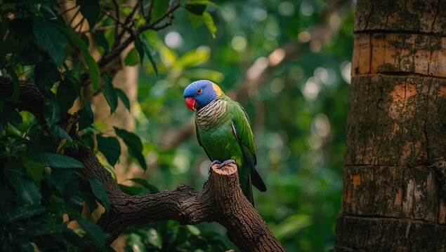 Quietly perched Pionus menstruus, showcasing a fiber-dense choice