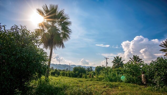 Palm tree and green leafy bushes with sunlight, enhancing a vibrant natural atmosphere