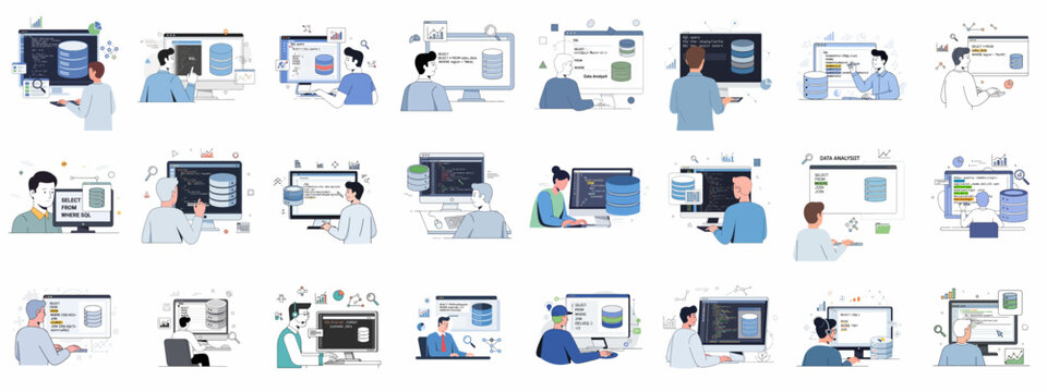 Vector set of database developers and data analysts performing SQL queries, programming, and data management tasks on computers.