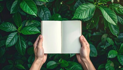 Hands holding open blank notebook amidst lush green foliage natural lighting casts soft shadows on the textured leaves showcasing a serene and organic scene for journaling or sketching
