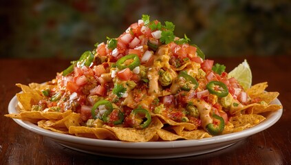 Loaded nachos topped with salsa, guacamole, cheese, and jalapenos, a fiber-dense choice