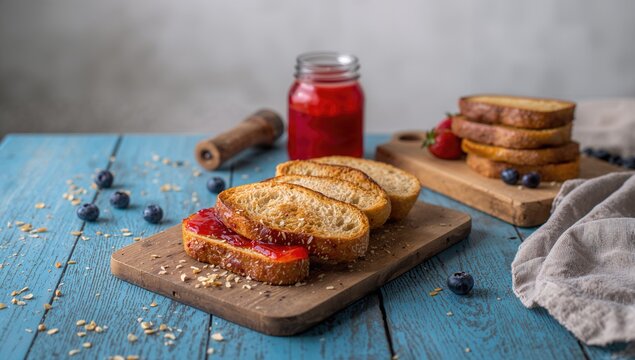 Toasts arranged on a blue wooden table accompanied by jam and a cutting board, fiber-dense choice