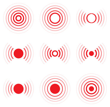 Vector set of radar, sonar, radio waves and signal icons in red color. Radar signal wave icons vector set in various circular and radiating style. Internet connection and radiation icons.