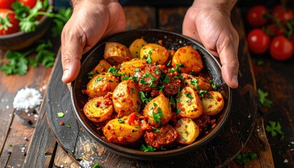 Hands Presenting A Dark Bowl Filled With Golden Roasted Potatoes Sprinkled With Chopped Parsley And Red Pepper Flakes Set Against A Dark Rustic Wooden Background With Red Tomatoes Scattered Around.